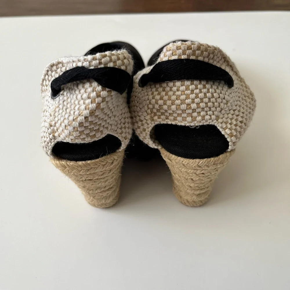 Soludos Lyon Espadrille Wedge Sandals Lace Ankle Black and Tan Size 6.5